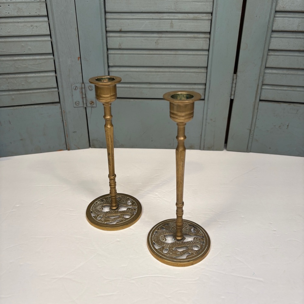 Pair of Vintage Brass Candle Holders With Dragon Base Etched China 6.5" Tall